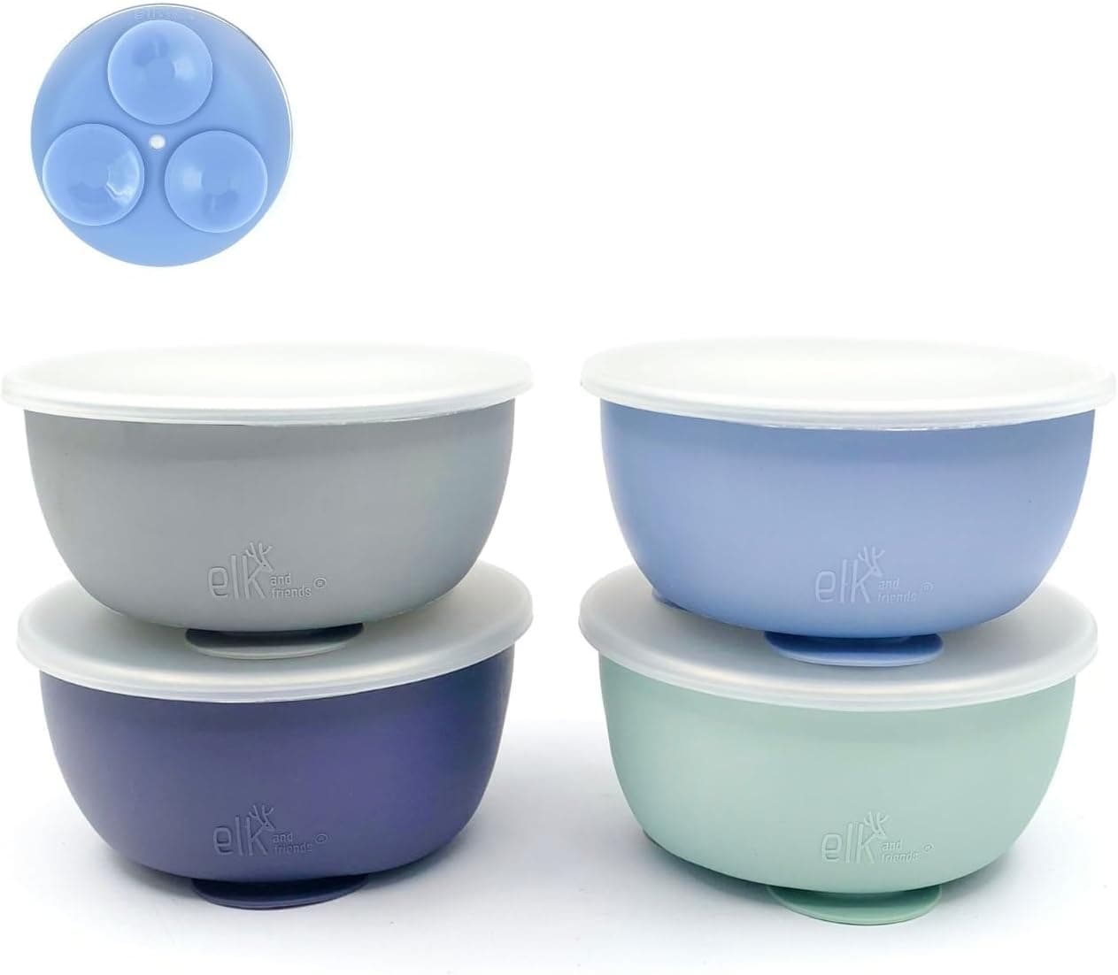 Elk and Friends Stainless Steel Bowls with Silicone Sleeve for Babies Toddlers Lids Included Stay Put Suction Cereal Snack Bowls 4 Pack
