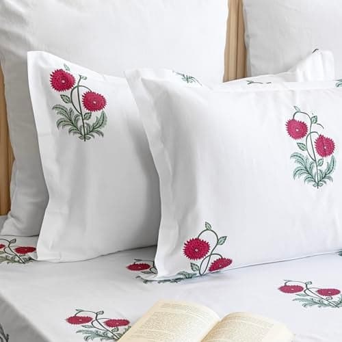 HOMEMONDE 210 TC Premium Cotton Floral Pillow Covers | Regular Pillow Cases | Only 2 Pieces Pillow Covers (Red Rose, 17 x 27 Inches)
