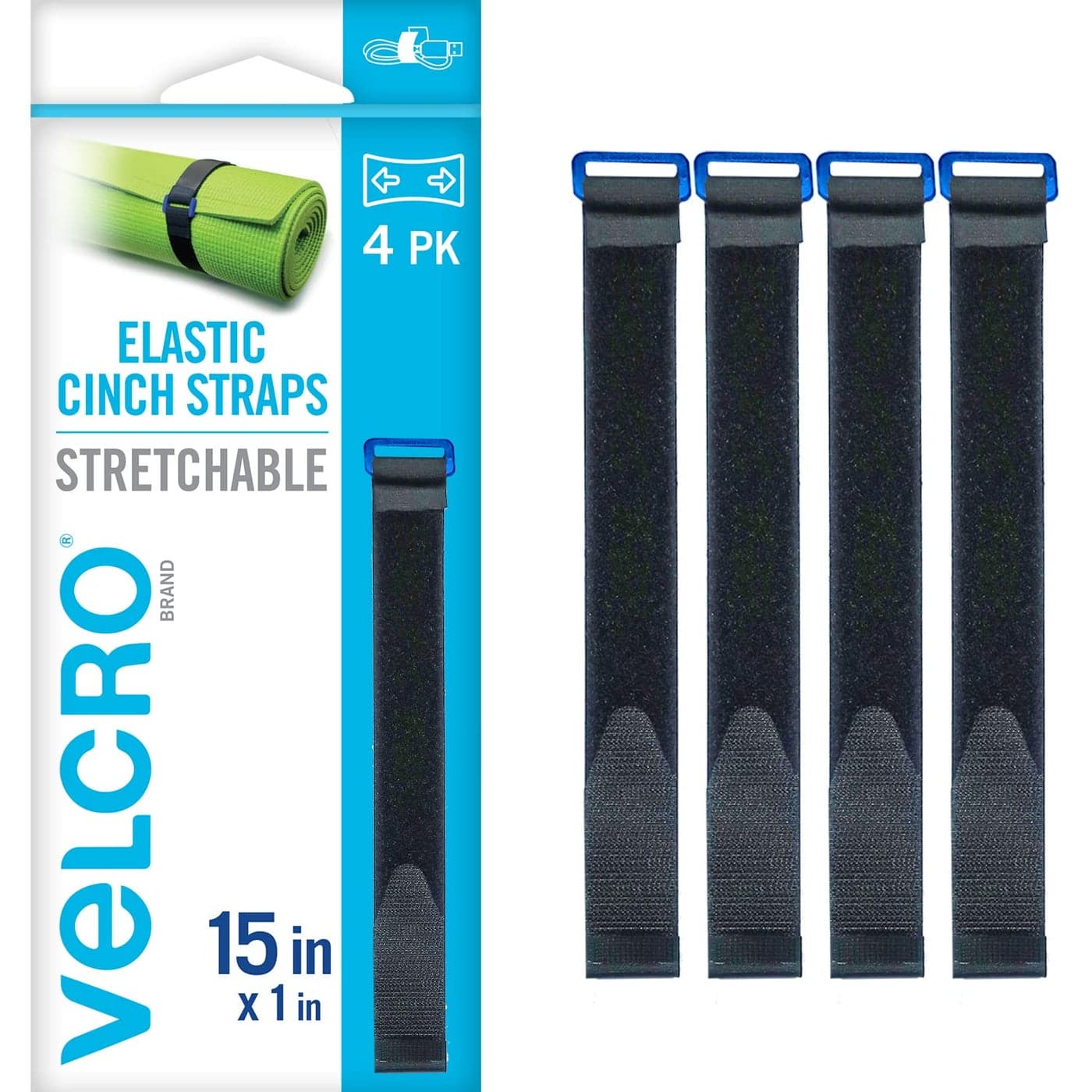 VELCRO Brand VEL30792AMS 15 Inch Elastic Straps 4 Pack Stretchable and Adjustable for Snug Fit Fasten Lumber Yoga Mats Tools Camping Equipment More Cinch with Buckle Black 15x1