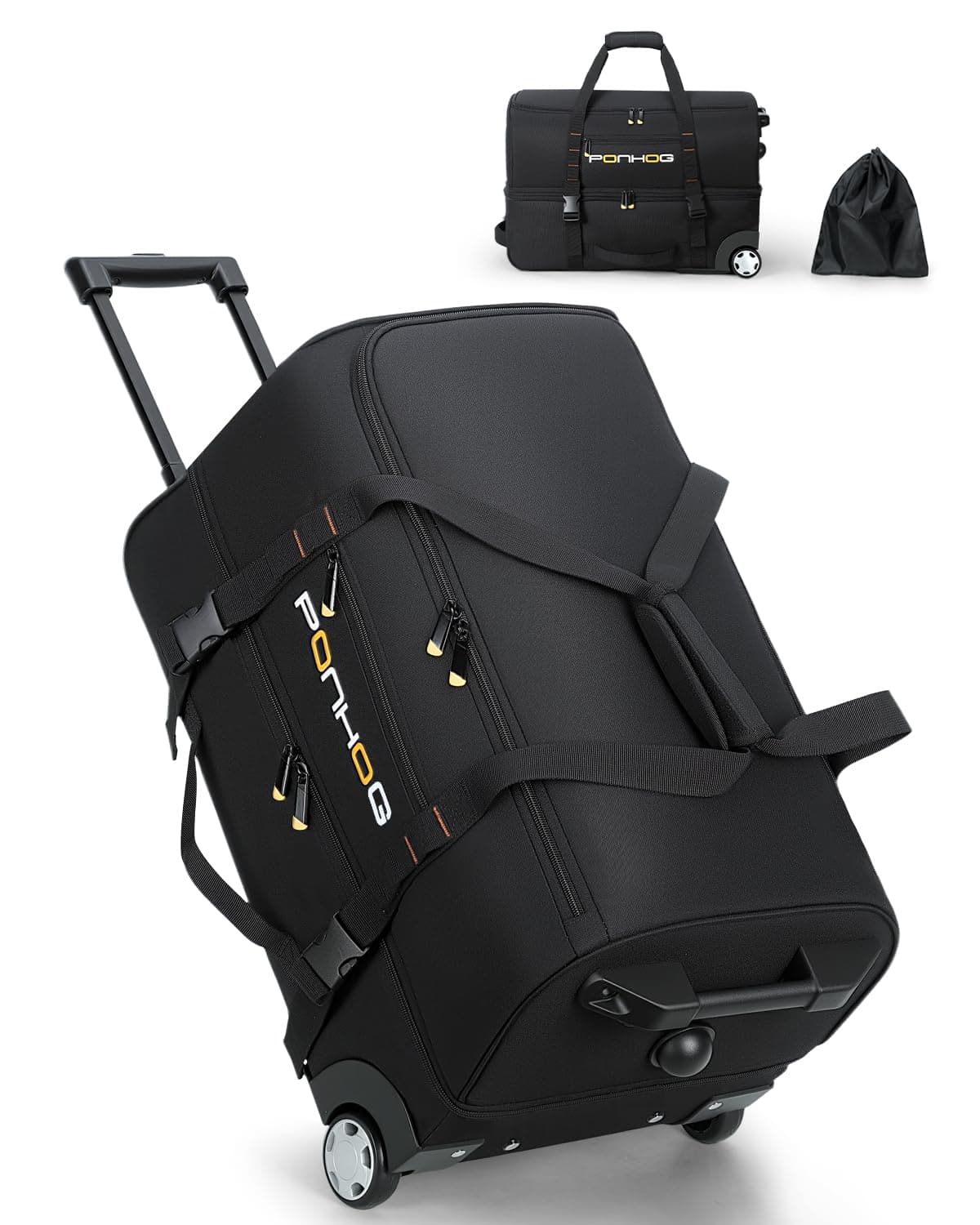 Ponhog 22 Inch Rolling Duffle Bag with Wheels for Men - Water Resistant Wheeled Duffle Bag for Weekend Travel & Overnight Trips, Black