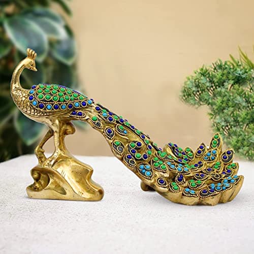 Kartique Brass Unique Home Decor Item Peacock Idol for Home Decor Length 12 Inch (Green)