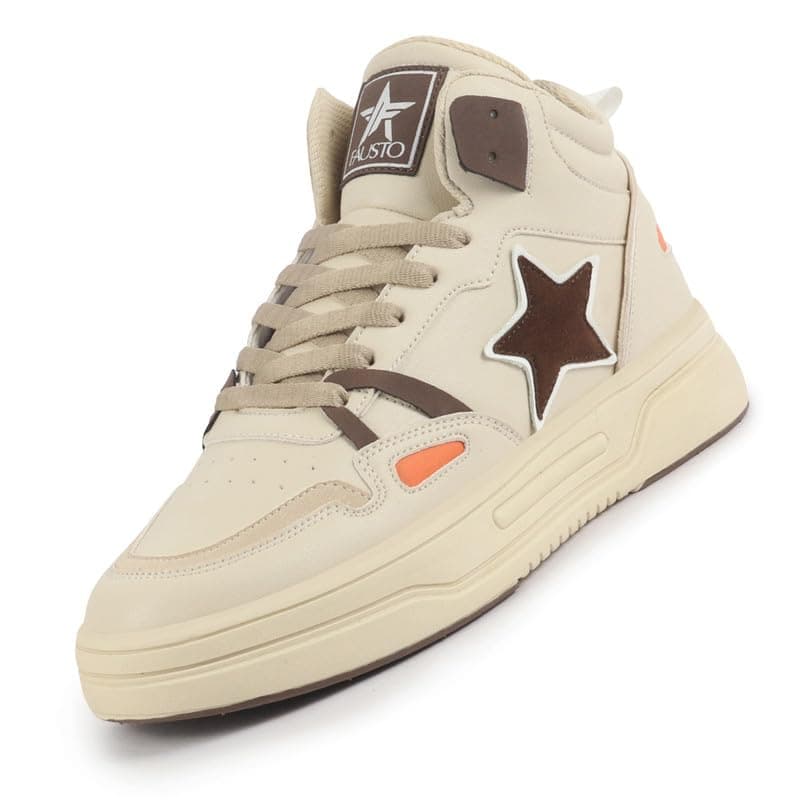 FAUSTO FST FJAMC-16012 BEIGE-44 Men Beige High Top Breathable Lace-Up Sneaker Shoes | Chunky Streetwear Lightweight Casual Sneakers | Memory Cushioned Insole (10 UK)