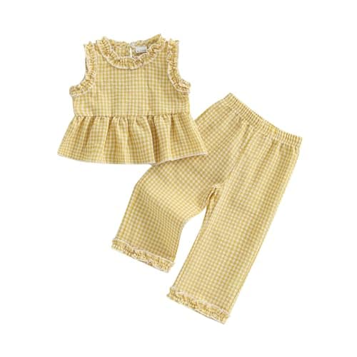Kupretty Toddler Girl Clothes Baby Summer Outfits Striped Ruffle Sleeveless Vest Tank Tops Pants Set 1T 2T 3T 4T (Yellow, 18-24 Months)
