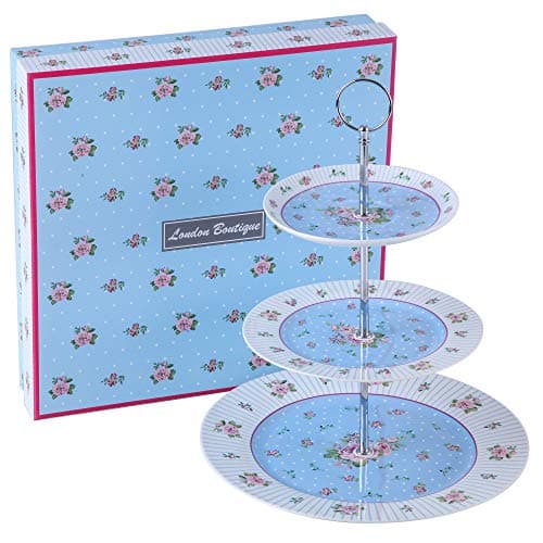 London Boutique 3 Tiered Cake Stands Afternoon Tea Porcelain Shabby Chic Vintage Rose Flora in Gift Box (Rose Blue)