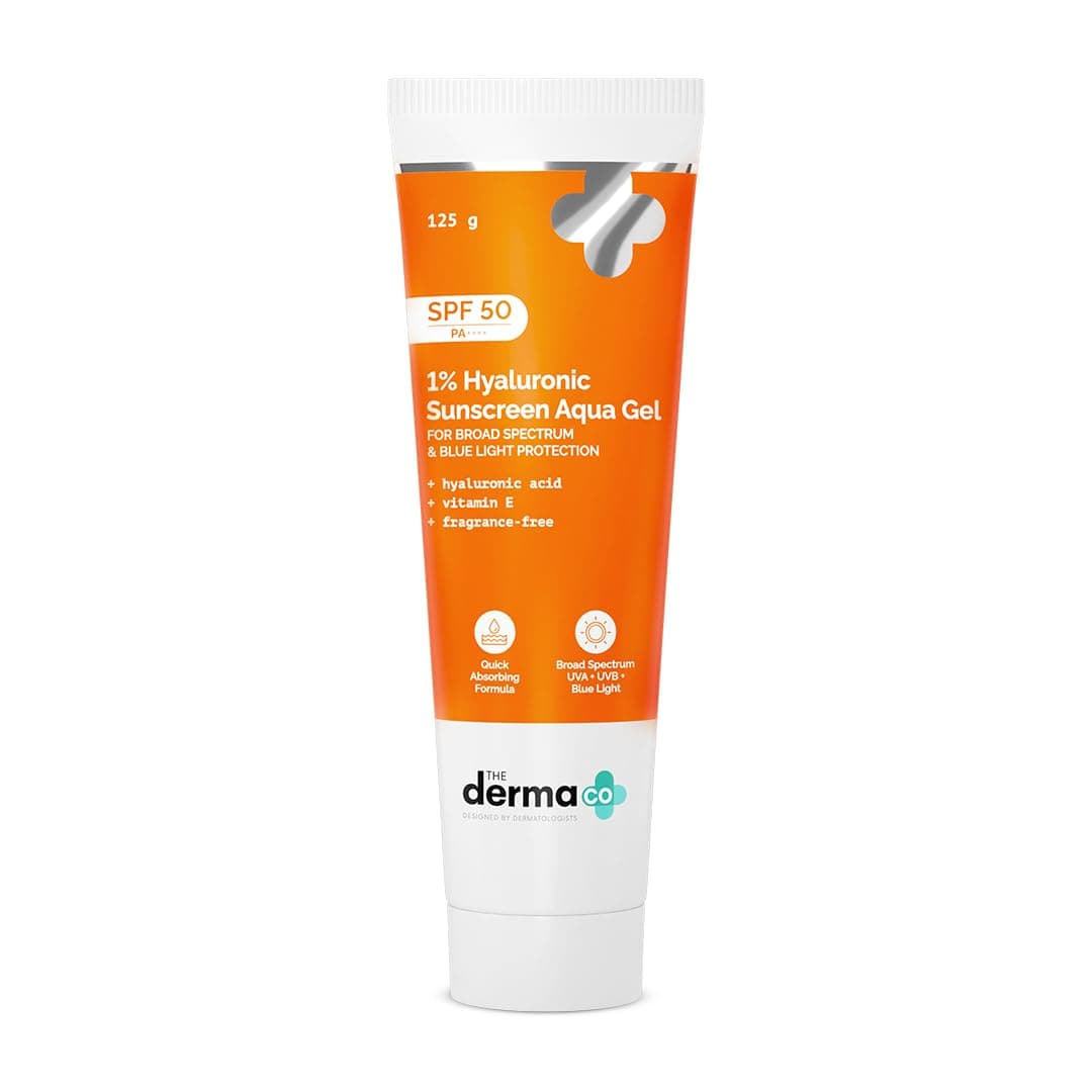 The Derma Co 1 Hyaluronic Sunscreen Aqua Gel SPF 50 PA I For Oily Dry Acneprone Skin Ultra Lightweight Texture I NonGreasy I No White Cast Broad Spectrum Protection Blue Light Protection For Men Women 125 g