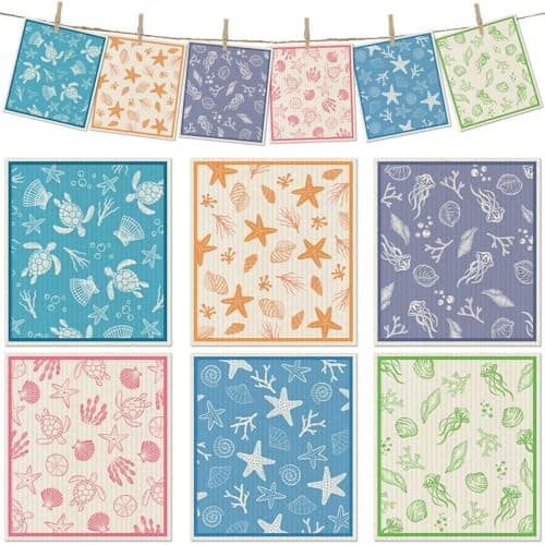 Revahope 6 Packs Swedish Paper Cloths for Kitchen, Reusable Paper Towels Washable Dish Rags, Highly Absorbent Kitchen Towels Quick Drying Swedish Sponge Cleaning Dish Cloths (Ocean Series)