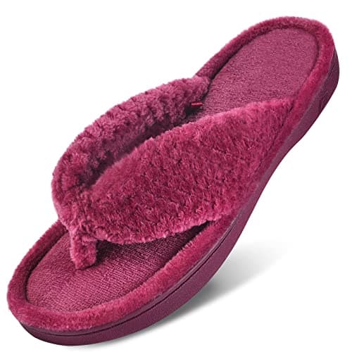DL Women's Flip Flop Memory Foam Slippers with Cozy Terry Lining Soft Thong Slippers Slip on House Shoes with Indoor Outdoor Arch Support Rubber Sole, Purple, 7-8