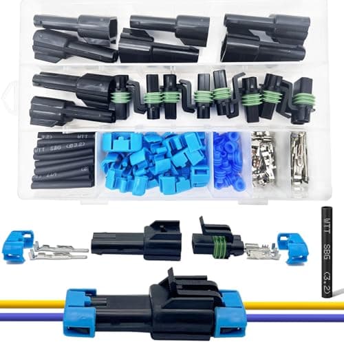 Twippo 14-12 AWG 2 Pin Connector Weather Pack Connectors Kit 2 Wire Automotive Electrical Waterproof Connectors Plug Terminals with 32pcs Shrink Tubing Kit (8 Set)