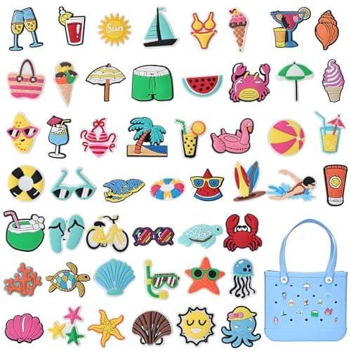 Ella & Emma 50pcs DIY Summer Charms for Bogg Bag, Boggbag Accessories Letters Flowers Baseball Beach Cute Decoration Bag Charms for Bogg Bag Rubber Tote Beach Bags