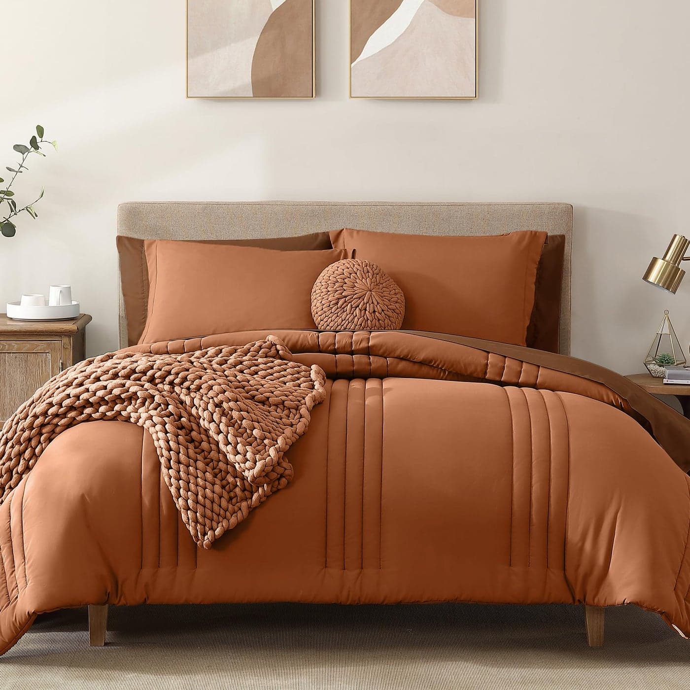 Monbix Full Comforter Set 7 Pieces Burnt Orange Bed in a Bag Full Size Bedding Sets with Comforters All Seasons Down Alternative Comforter with SheetsPillowcases Shams
