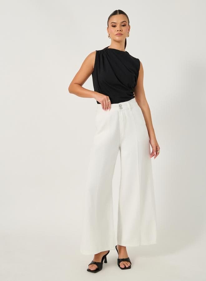 Pintuck Details Wide Leg Jeans With Buttons — XL