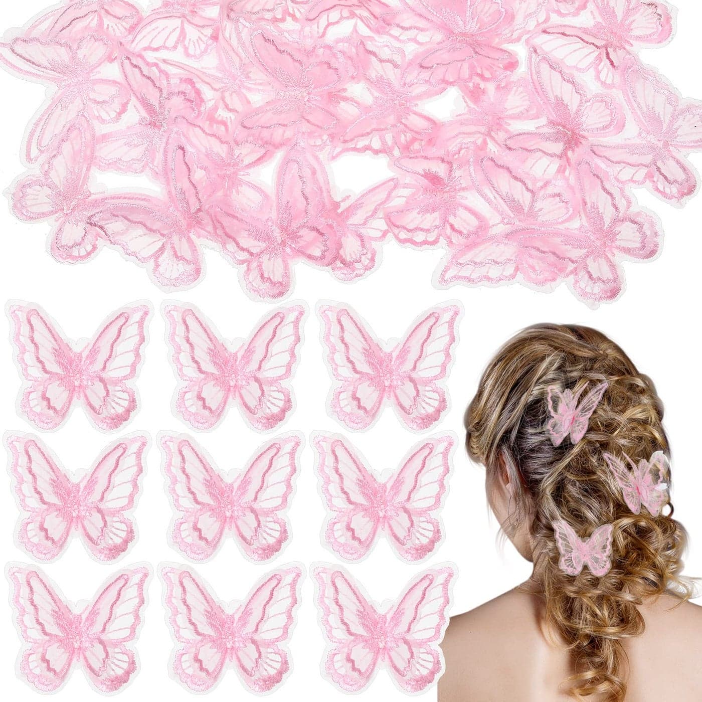 30 Pieces Butterfly Lace Trims Organza Decorative Patches Embroidered Butterfly Embellishments for DIY Crafts Bridal Headdress Hair Accessories Pink