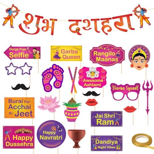 Party Propz Navratri Props and Shubh Dussehra Banner - 24Pcs, Navratri Decoration Items, Garba Decoration Items, Dussehra Decoration Items, Garba Props (Cardstock)