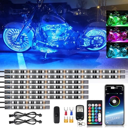ZONECONA 8PCS Segmented Motorcycle RGB LED Light Kits with Brake Turn Signal, Underglow Lights with APP/Dual Remote, Multicolor 12v Waterproof Underbody Neon Strips Lights for Harley Honda Kawasaki