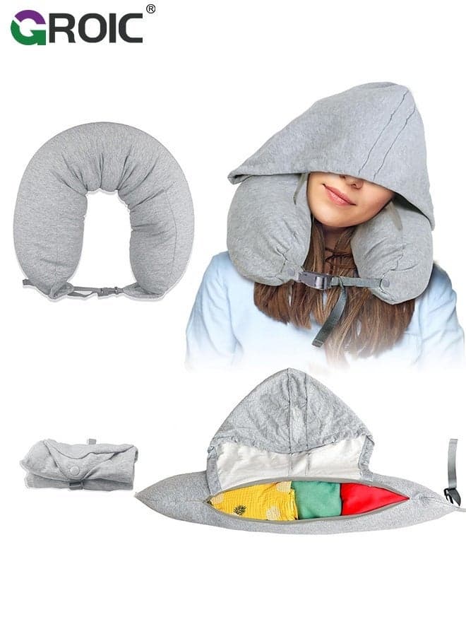 Neck Pillow with Hood, Grey Stuffable U-Shaped Pillow with Privacy Hood, Lightweight Portable Neck Support for Road Trip, Airplanes, Trains, and Office Naps, Adjustable Neck Pillow for Extra Luggage