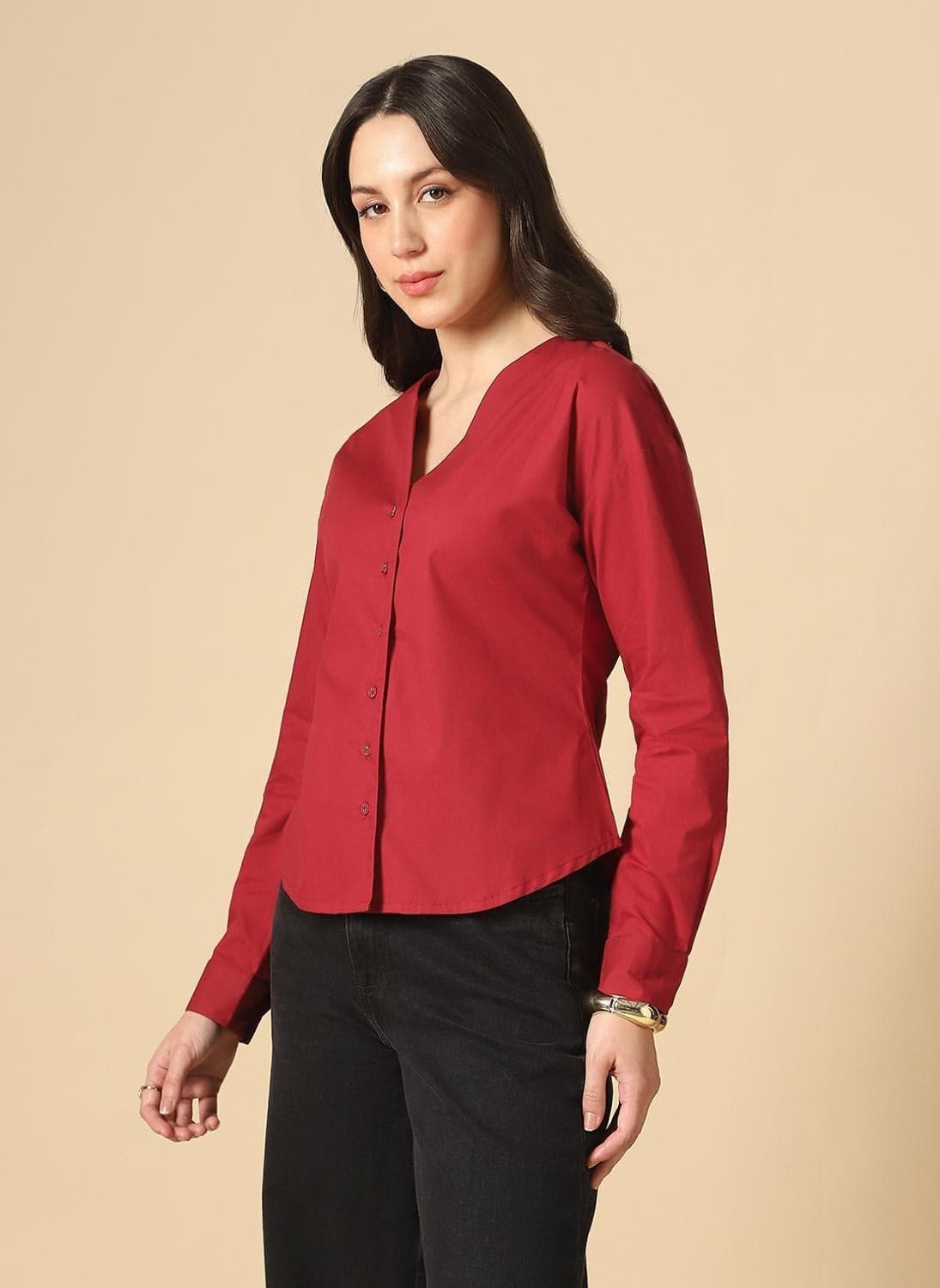 Globus Women Maroon Curved Hem Formal Shirt with V Neck and Cuffed Sleeves