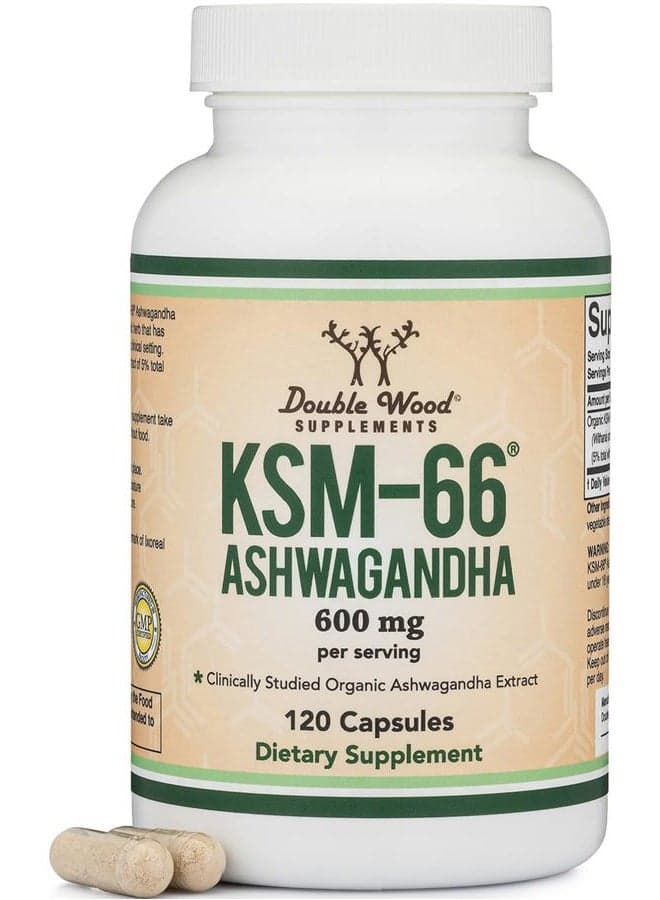 Ashwagandha KSM 66 Organic and Clinically Studied Extract (600mg Per Serving, 120 Capsules, 60 Servings) Adaptogen Cortisol Manager for Women and Men
