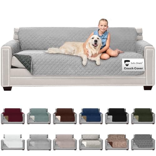 Sofa Shield® Couch Slip Covers for Dogs, Reversible Furniture Protector with Strap, Stain and Tear Resistant Cushion Cover, 78 inch Seat, Machine Washable Slipcover Pets, Cats, Light Gray Charcoal
