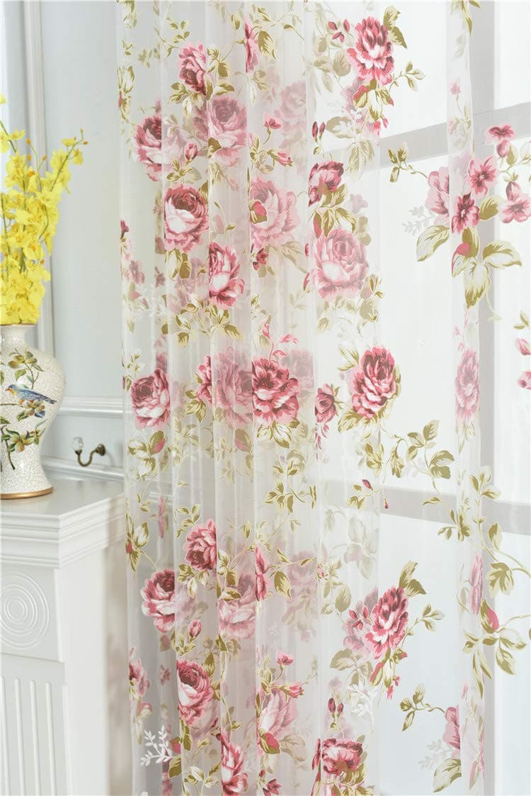 Kolachic Rod Pocket Top Rose Floral Sheer Voile Curtain Pink Flower Tulle Transparent Window Treatment for Living Room Bedroom Glass Door 54 by 84 Inch Each1 Set of 2 Panels
