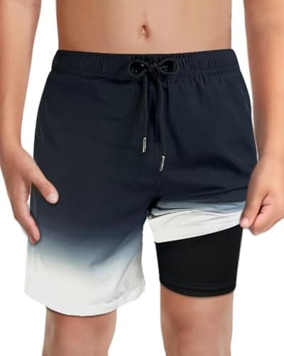 LUCOWEE Boys Bathing Trunks Boxer Brief Lined Anti Chafe Quality Swimming Shorts Swimsuits Stretchy Light Weight Quick Dry UPF 50+ Water to Land Black Ombre Size 10-12