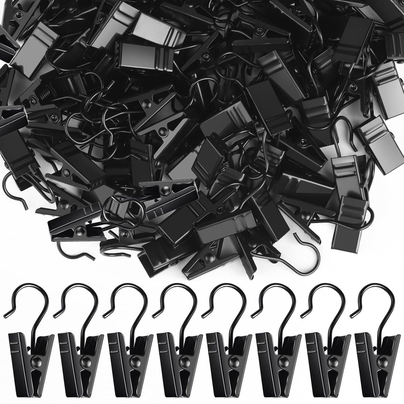 Teenitor 100 Pack Small Curtain Clips Curtain Hooks for Outdoor String Lights Stainless Steel Clips for Hanging Curtain Hooks for Drapes Black