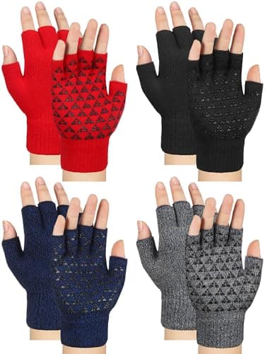 Geyoga 4 Pairs Winter Fingerless Gloves Knitted Half Finger Mittens Stretchy Non-Slip Warm Gloves for Men and Women(Dark Gray,Navy Blue,Red,Black)