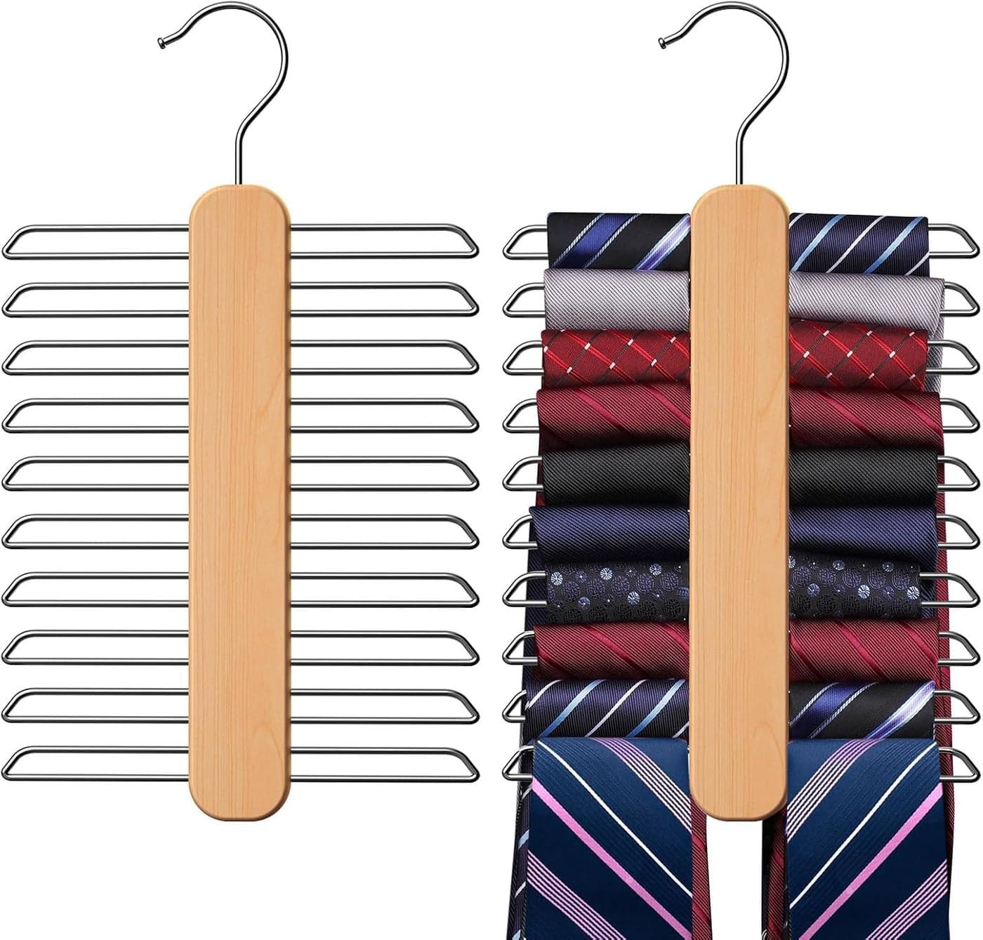 ROLLYWARE ® Wood Tie Hanger, Rust Resistant Wooden Necktie Organizer with 20 Swivel Hooks, 360 Degree Rotation, Space Saving, Ideal for Closet Storage (1, Natural Wood)