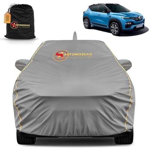 AUTOMOZEXO Renaultt Kiger 100% Waterproof Car Cover for All Weather Protection with Mirror & Antena Pocket Inner Cotton Triple Stitched Cover with Adjustable Belt Bottom Elastic to Secure Fit -Grey