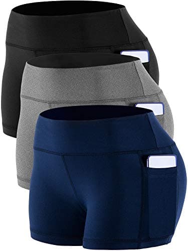 CADMUS Women's Workout Yoga Running Compression Exercise Booty Shorts with One Side Pockets,3 Pack,09,Black,Grey,Navy Blue,Small