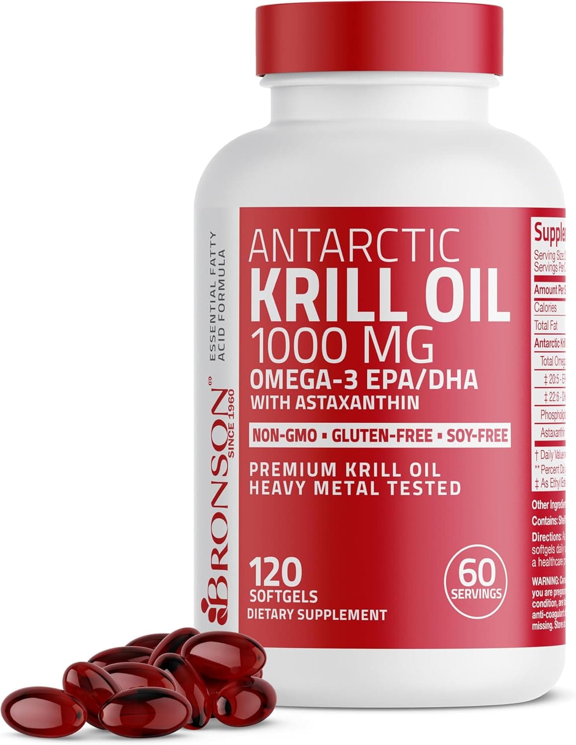 Bronson Antarctic Krill Oil 1000 mg with Omega3s EPA DHA Astaxanthin and Phospholipids 120 Softgels