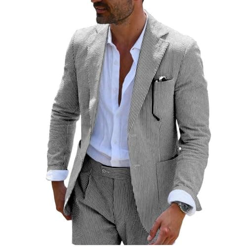 PopEle Leisure Mens Striped Seersucker Slim Fit Suit Grooms Lightweight Sear Sucker Suit for Wedding Black/White