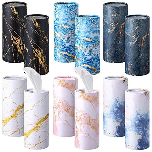 Cunhill 12 Pieces Cylinder Car Tissues Boxes Printed Car Napkins Round Disposable Tissues Boxes Travel Facial for Cup HolderMarble Style