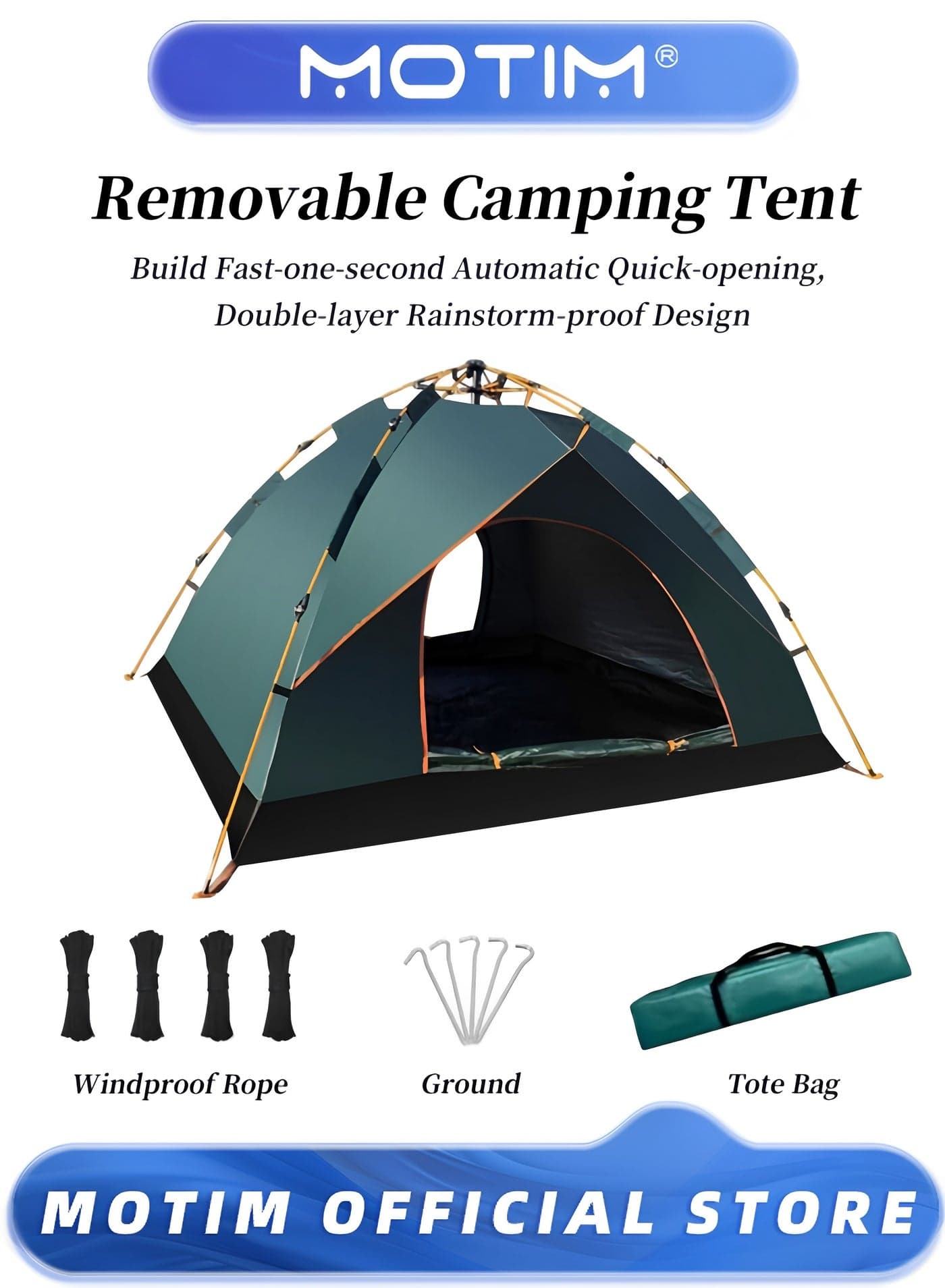 Camping Tent 3-4 Person Pop Up Tents Removable Instant Tent 2 Door Breathable Waterproof UV Protection for Family Outdoor Sports Travel Picnic with Carrying Bag