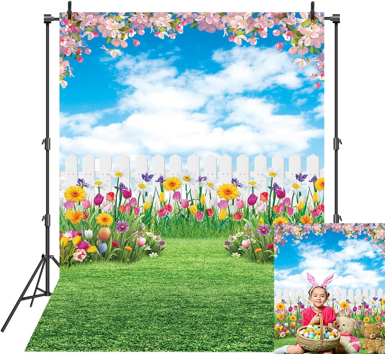 Spring Easter Backdrop Spring Nature Scenery Photography Backdrop Green Lawn Pink Flowers Background for Kids Baby Shower Birthday Party Decor(5x7FT(150x210cm))