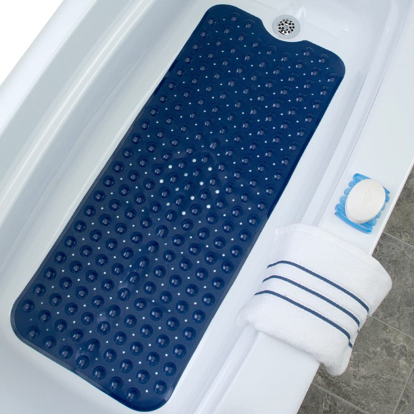 SlipX Solutions Power Grip Extra Long Bath Tub Shower Mat 39x16 Wet Floor NonSlip for Elderly Kids Bathroom 30 Longer Bathtub Mats 200 Suction Cups Drain Holes 1 Navy