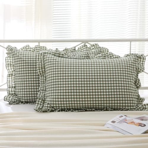 K MASANIJI 2 Pack Sage Green Gingham Ruffle Pillow Shams King Size, 100% Washed Cotton Checkered Farmhouse Pillow Covers for Bed/Sofa Envelope Closure - 20"x36"