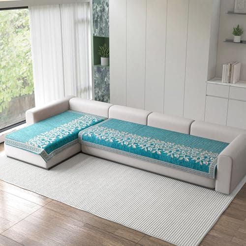 Nendle Superior Velvet Floral Sofa Mat 5 Seater Set Durable Protector for Living Room Mat 3 Seater and 2 Seater, Suitable for L Shape, Sectional and U Shape Sofa (Aqua, Pack of 2)