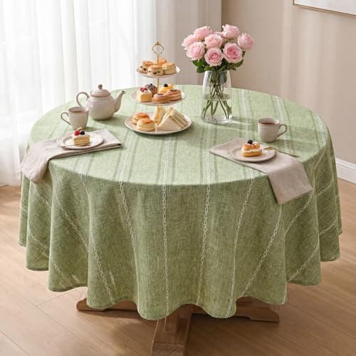 Horaldaily Sage Green Cotton Blend Tablecloth 60×60 Inch Round, Farmhouse Style, Wrinkle Resistant Washable Table Cloth, Hemstitched Embroidery Table Cover for Home