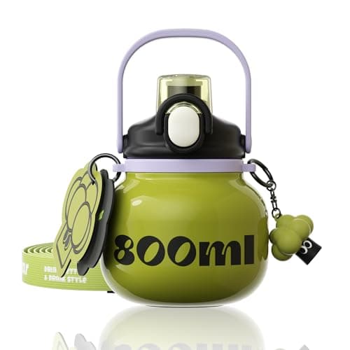 Sidagar 27 oz Aesthetic Water Bottle with Straw and Carry Handle, Chunky Wide Mouth Vacuum Insulated Stainless Steel Flask Taza Easy Carry, Trendy Portable Tumbler Termo for School, Gym, Travel, Green