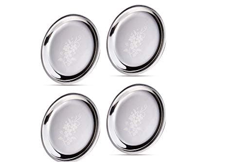 Neelam Stainless Steel 11, 22 Gauge, Lazer Etching Plate, 25.5 cm, Set of 4, Dishwasher Safe, Durable & Elegant Round Plate for Serving, Perfect for Daily Use, Parties, Special Occasion, Stylish Look