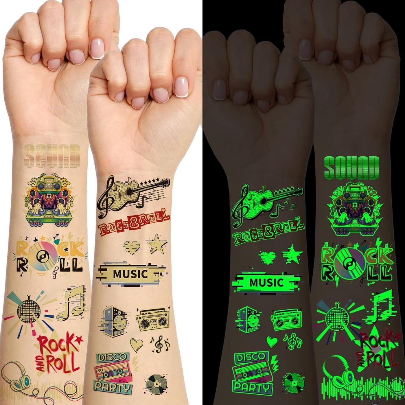 18 Sheets Glow In The Dark Music Rock Band Star Temporary TattoosLuminous Guitar Rock and Roll Fake Tattoos Stickers for 90s Themed Birthday Party Decorations Favors Supplies Carnival