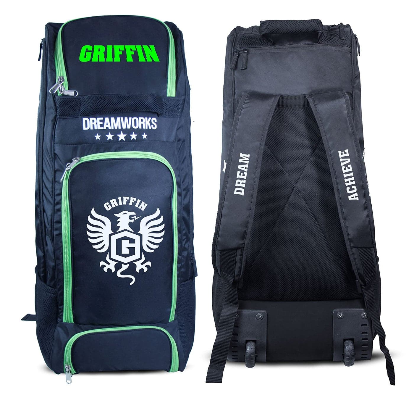 Griffin Polyester Dreamworks Special Addition Printed Wheel Cricket Kit Bag For Cricketers Player Edition Bag Backpack With Dual Bat Pockets Cricket Bag Kit With Shoe Apartment, Black