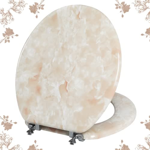 Round Toilet Seat Natural Wood Toilet Seat with Zinc Alloy Hinges, Easy to Install also Easy to Clean, Anti-pinch Marble Toilet Seat by Angol Shiold (Round, Beige Pink)