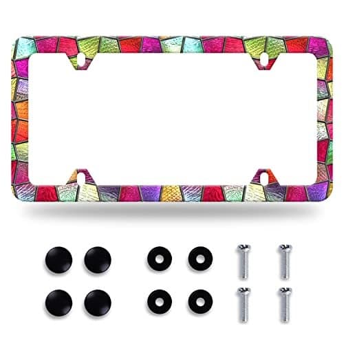 Pretty Cut Glass License Plate Frame Colorful License Plate Stainless Steel Parts Funny License Plate Decorative with Screws Size 123 x 63 Men Women