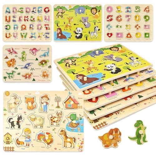edutree Wooden Peg Puzzle for Toddlers 24 5 Pack Montessori Toys Learning Educational Puzzles for Kids Girls Boys 2 3 4 Yesrs Old with Dinosaurs Farm Animal Number