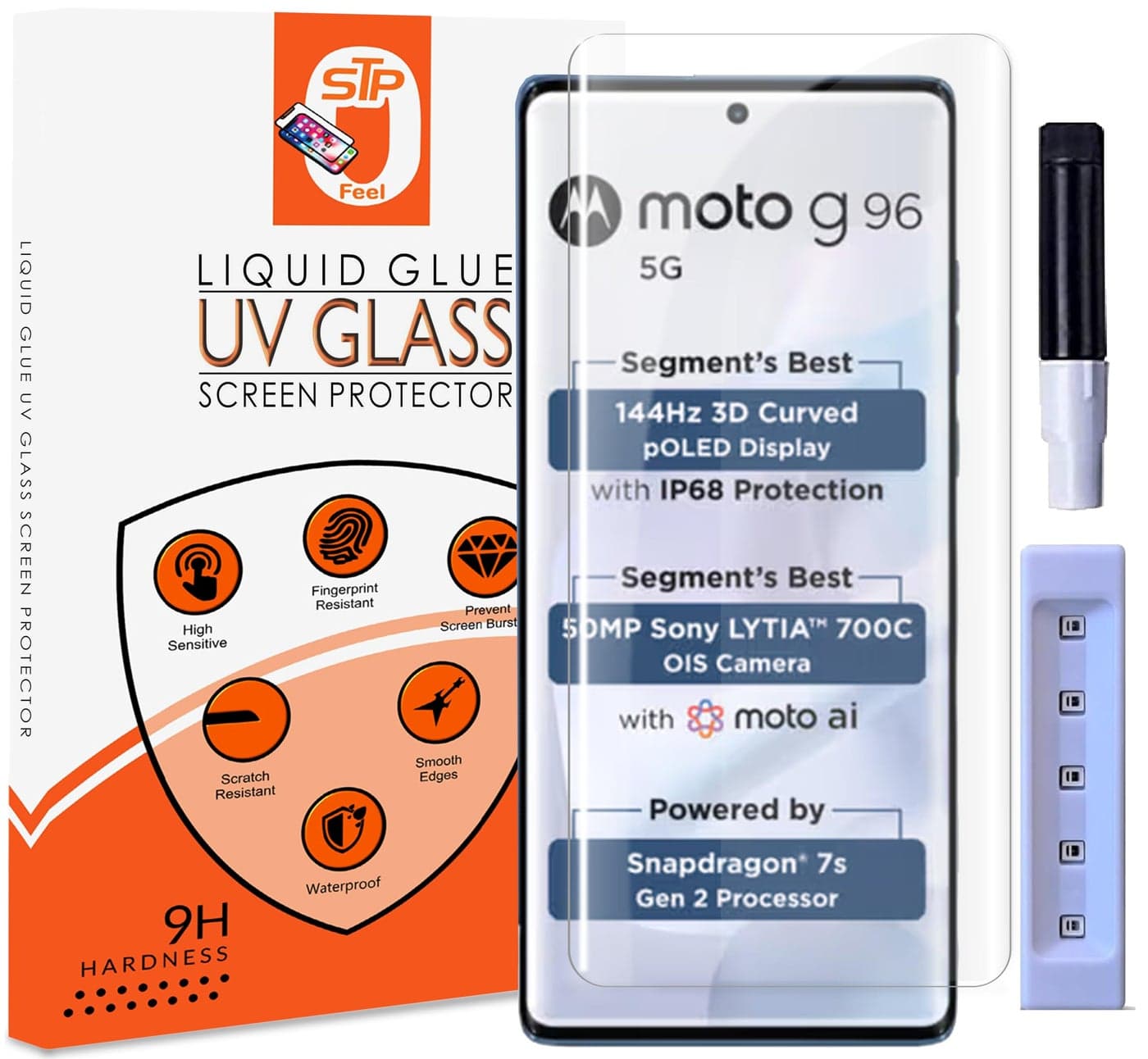 STP FEEL® UV Premium Tempered Glass Screen Protector Guard Compatible For Motorola G96 5G / Moto G96 5G (6.67 Inch, Pack of 1) Full Adhesive UV Curved Case Friendly HD Clarity
