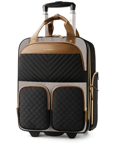 Arcoyard Underseat Carry On Luggage with Wheels, Multiple Compartments Airline Approved Personal Item Bag, Travel Carry-On with Leather Handle, Lightweight Rolling Suitcase for Women, Grey Brown