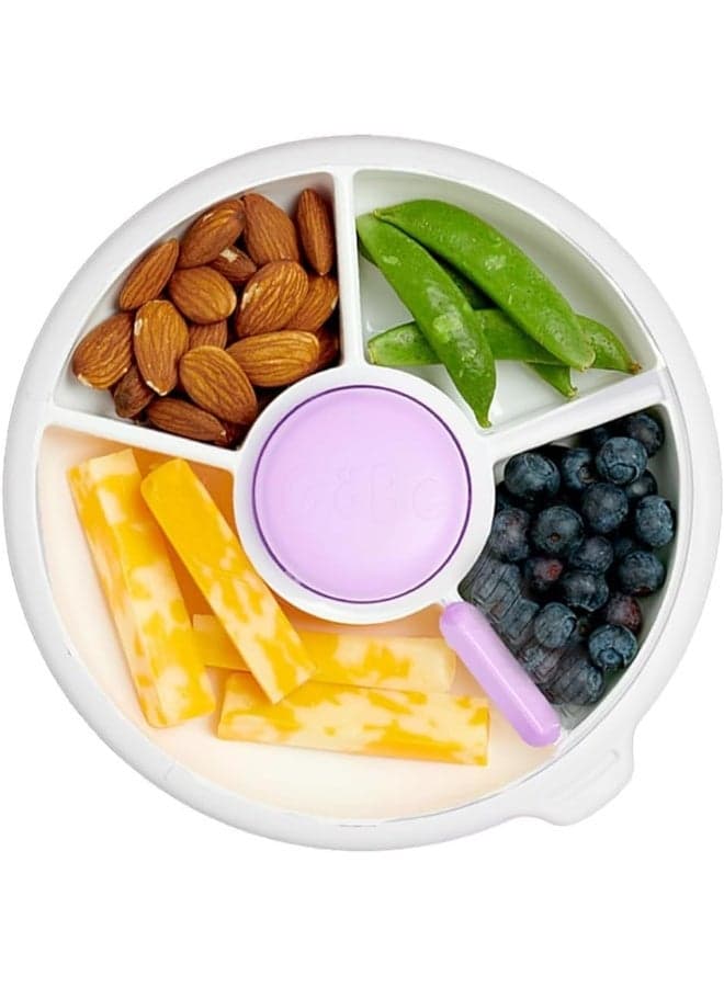 GoBe Kids Small Snack Spinner Slide Bundle with Hand Strap and Sticker Sheet - Reusable Snack Container with 5 Compartment Dispenser and Lid | BPA/PVC Free | Dishwasher Safe | No Spill - Taro Purple
