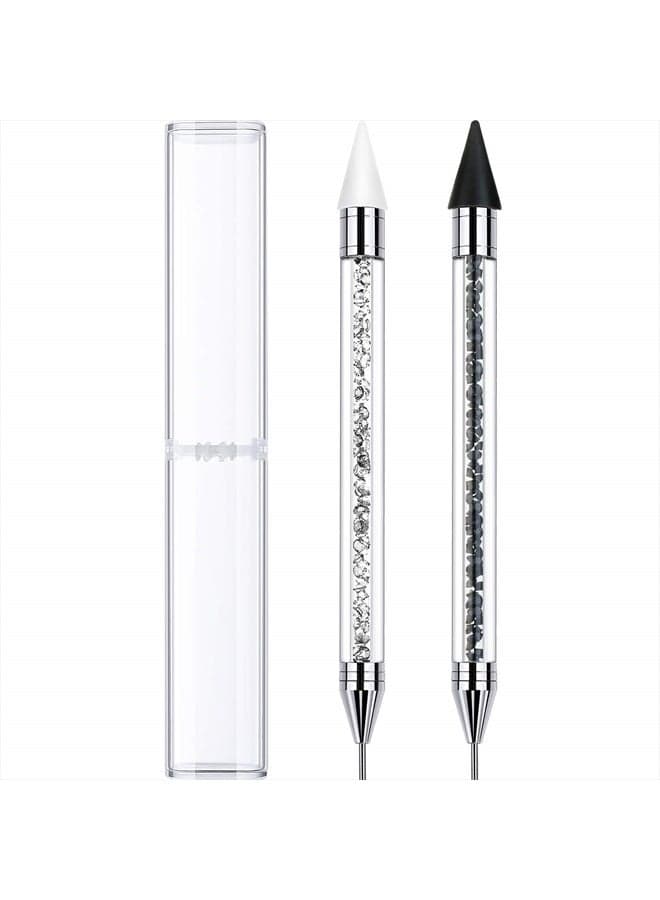 2 Pieces Rhinestone Picker Dotting Pen, Dual-ended Rhinestone Gems Crystals Studs Picker Wax Pencil Pen Crystal Beads Handle Manicure Nail Art DIY Decoration Tool (Black White)