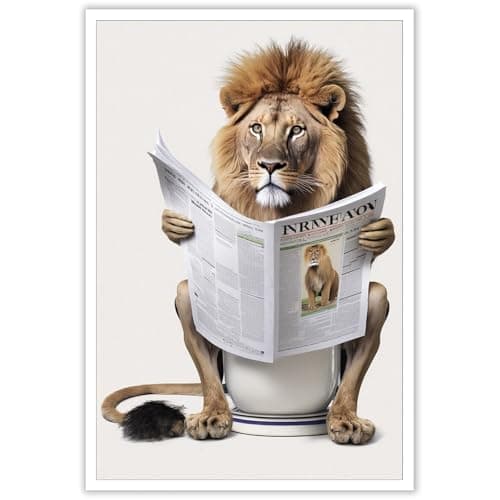 KOEUIRW Funny Lion Bathroom Canvas Wall Art Cute Lion In Toilet Posters Black and White Animal Prints Painting Maximalist Mid Century Modern Aesthetic Wall Decor for 12x16in Unframed